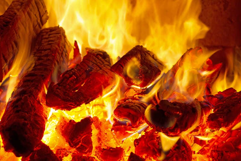 A close up shot of oak firewood burning in a fire
