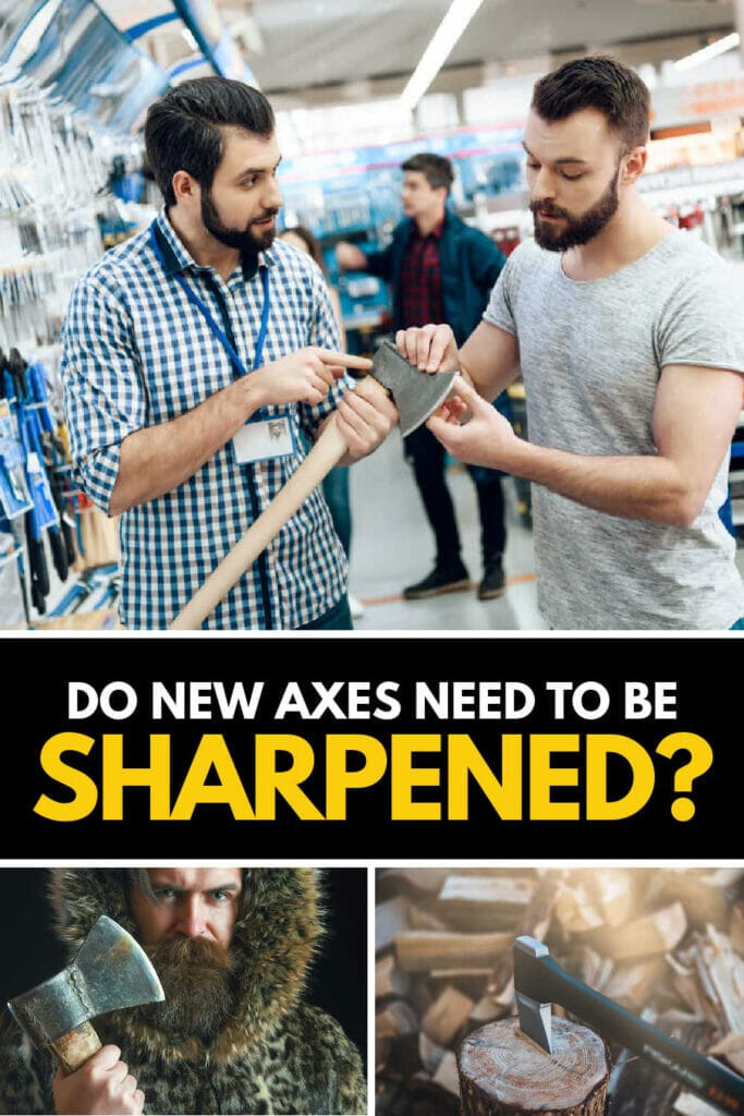 A vertical collage of two men examining an axe blade and two other axes.