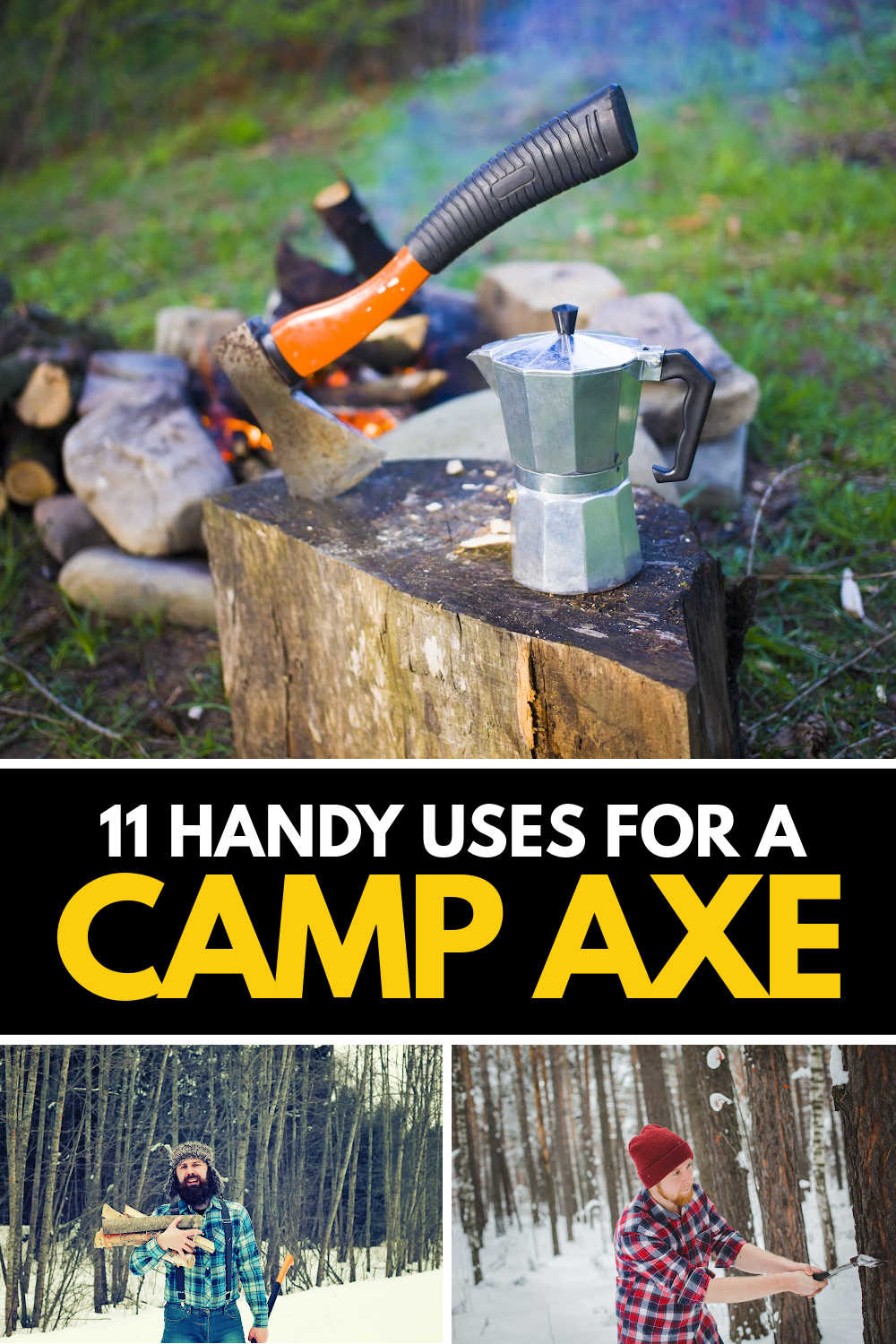 A vertical collage of various axes being used in camping situations