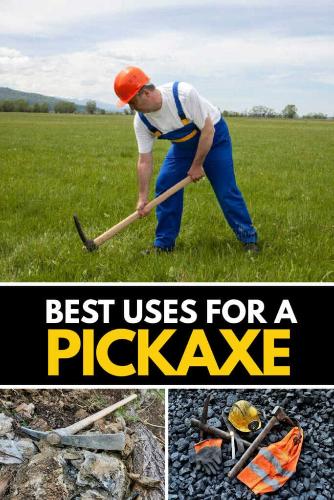 A vertical collage showing a worker using a pickaxe and two different pickaxes on the ground.