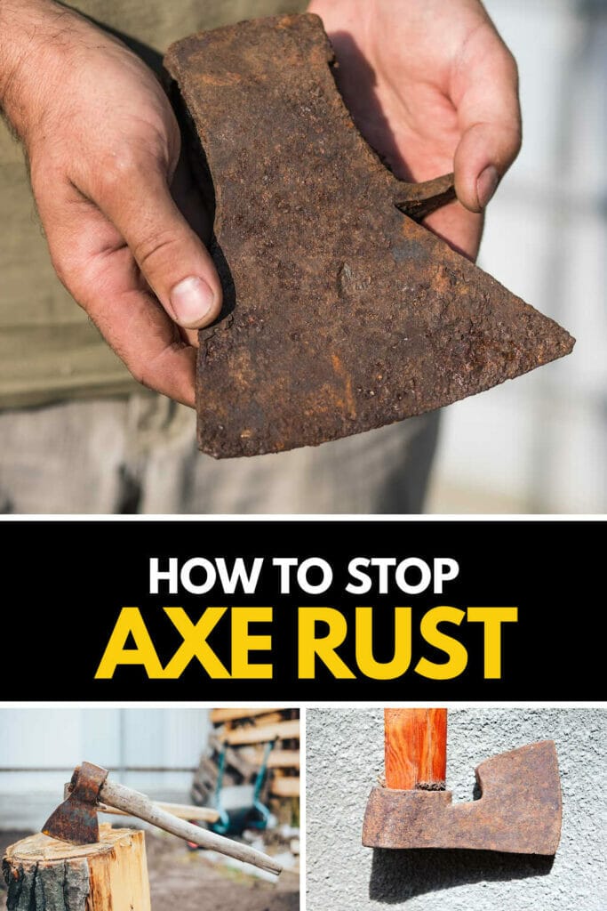 A collage of images showing rusted axes.