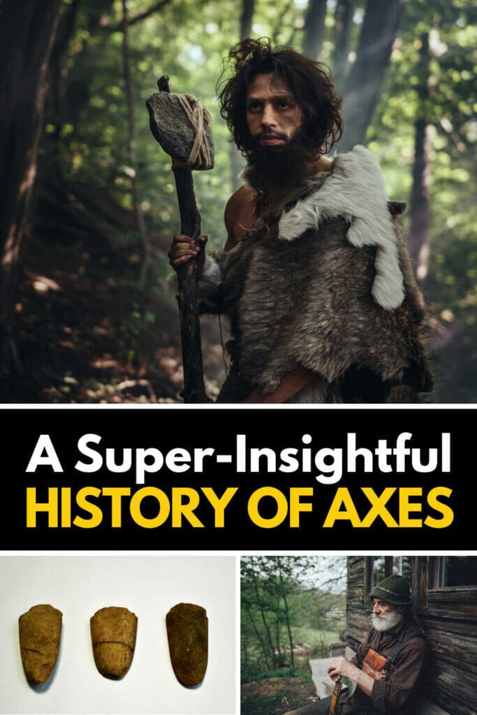 A prehistoric caveman holding an axe and a selection of historic axe heads