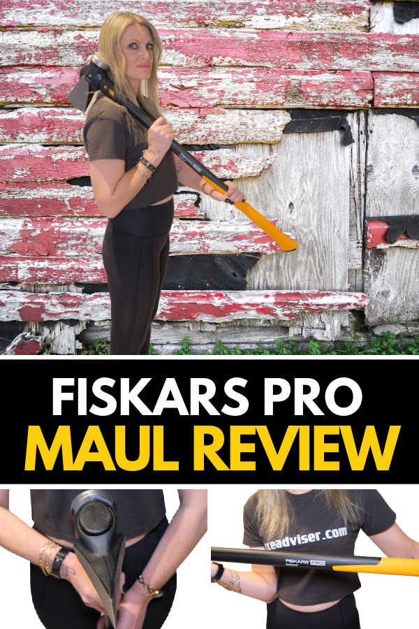 Vertical collage of a woman holding the Fiskars Pro Maul in various positions 