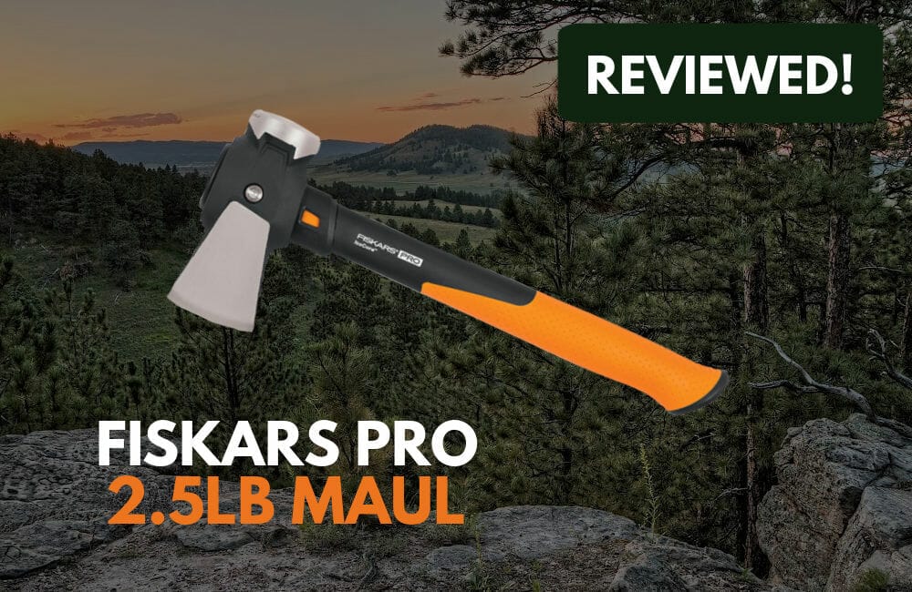 Fiskars Pro 2.5lb Maul with forest and hills in background