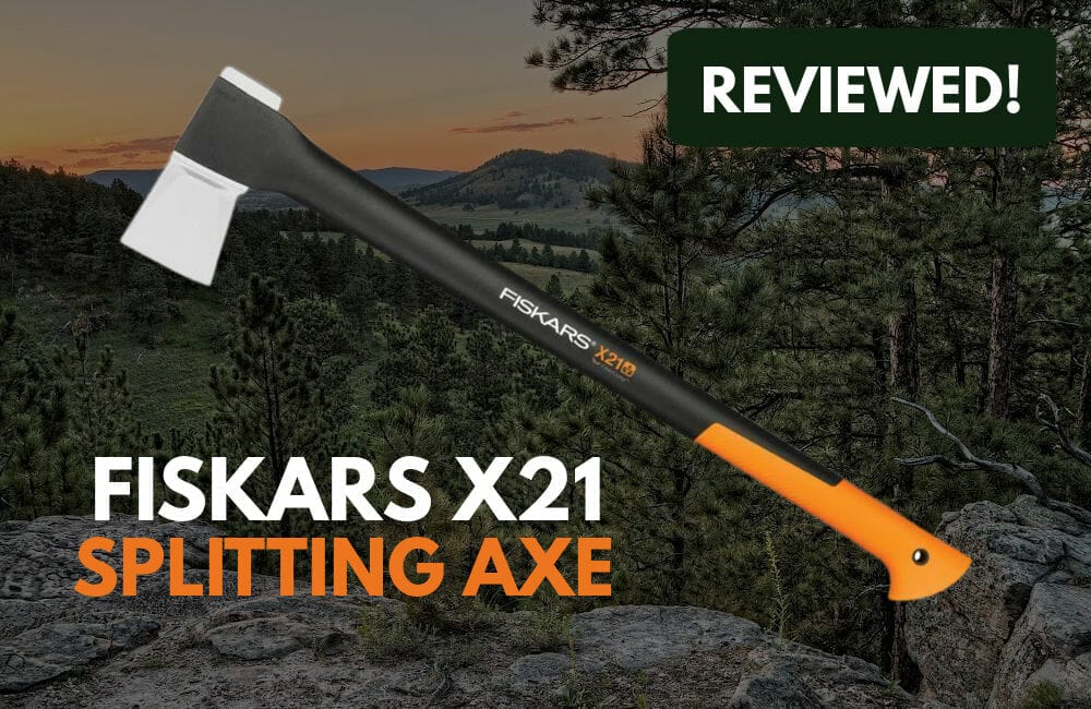 A Fiskars X21 Splitting Axe with countryside in the background