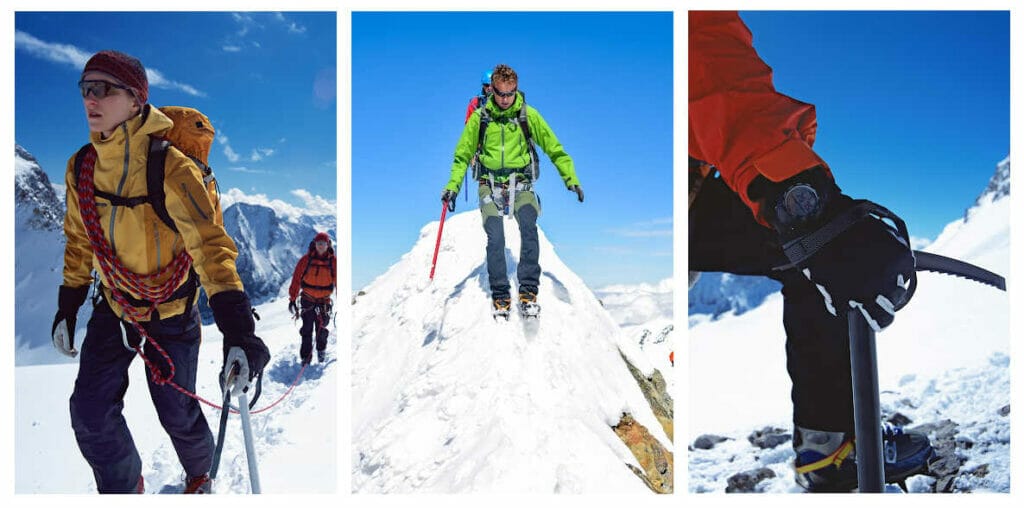 Various images of people walking through snow with an ice axe in their hand
