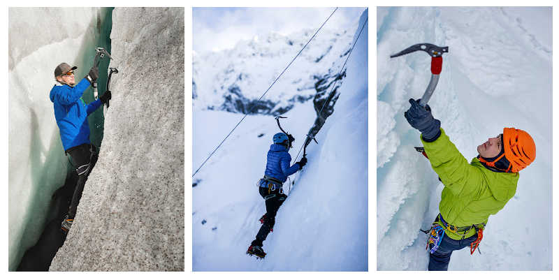 A range of images showing men climbing sheer cliff faces with the help of an ice pick axe