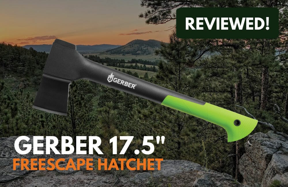 Gerber 17.5 Inch Freescape Hatchet with countryside in the background