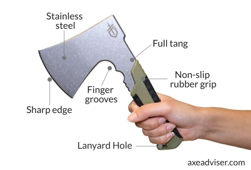 A Gerber Pack Hatchet on white background with features labeled.