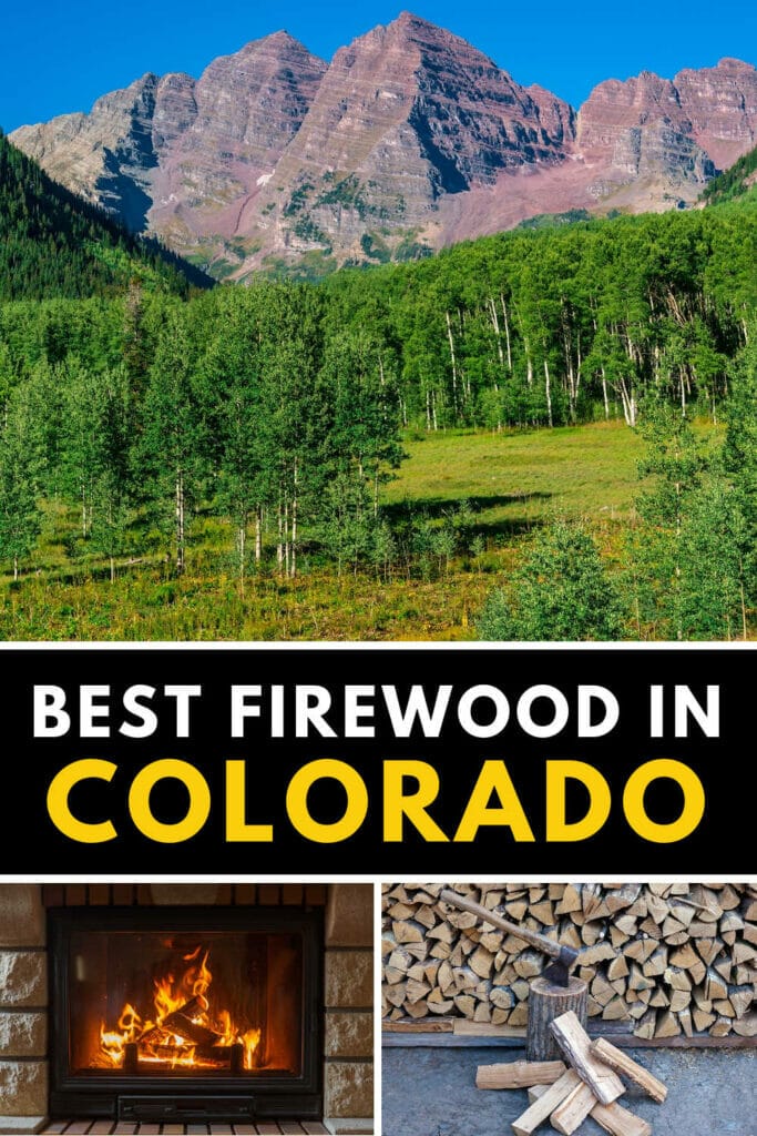 A vertical collage of Colorado forest, a fireplace, and a wood stack