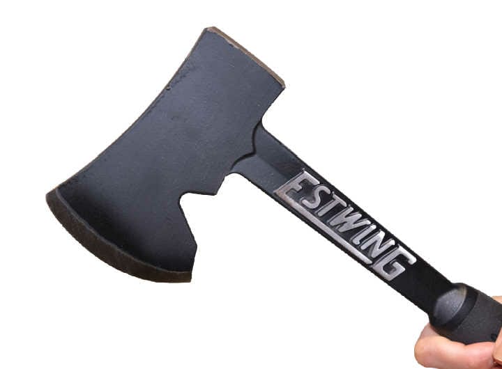 Holding a Black Estwing 14" Camper's Axe isolated on white background