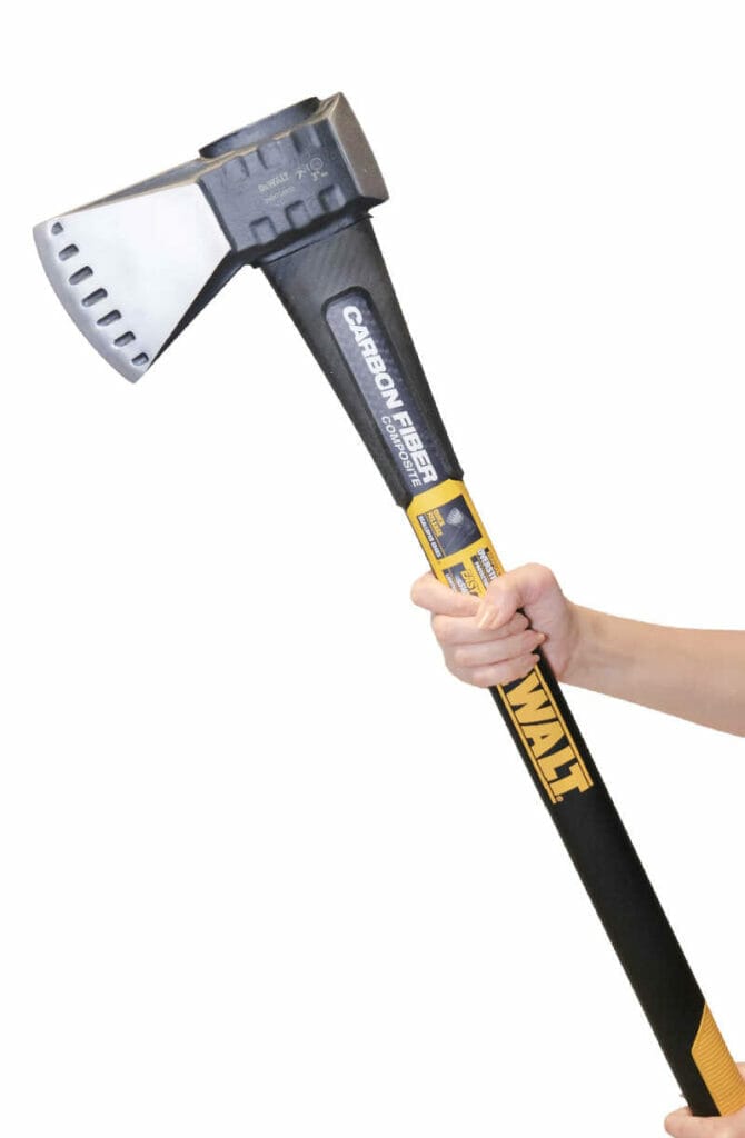 Hands holding a DeWalt Axe on a white background