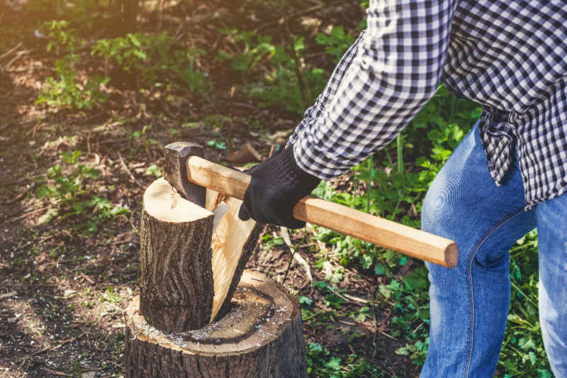 A round of wood getting split by a thick, heavy maul.