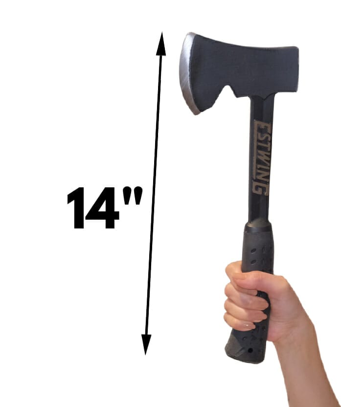 A hand holding the Camper's axe to demonstrate its length
