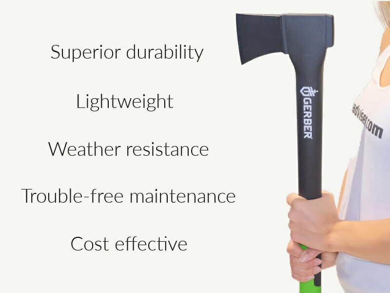 A composite-handled axe next to a list of benefits to using this tool 