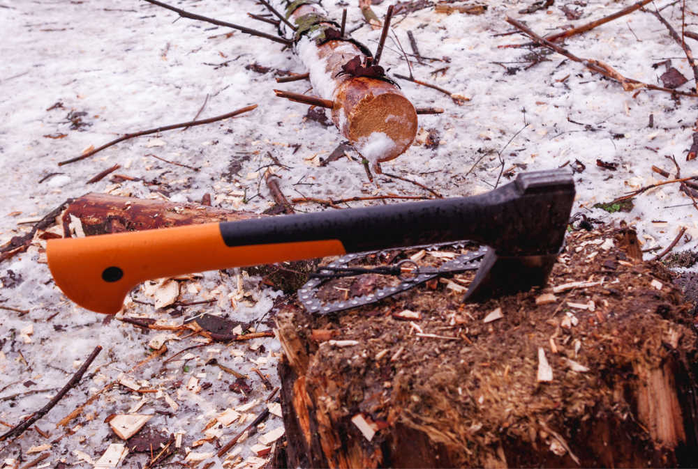 A Fiskars axe in a tree stump