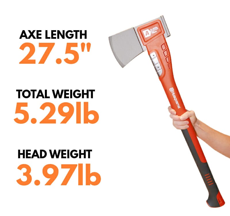 A hand holding the A2400 axe with length and weight info next to it